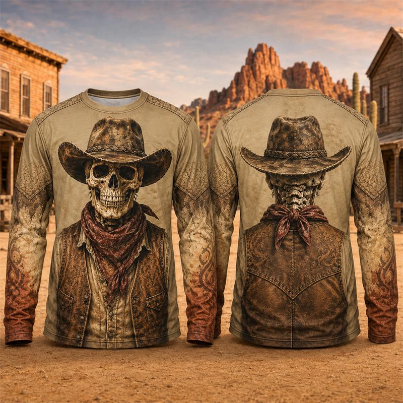 Halloween Novelty Long Sleeve T Shirt Men 3D Print Retro Cowboy Skeleton Graphic Tee Fashion Party Daily Street Casual New Top