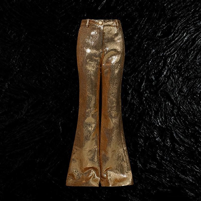 Traje de Pantalón de Moda Tendencia Cuello Personalizado con Lentejuelas Top de Color Sólido + Micro