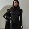 European and American Autumn Winter Fashion Women's High Neck Long Sleeve Patchwork Tie Waist Slim Fit Elegant Solid Color Dress