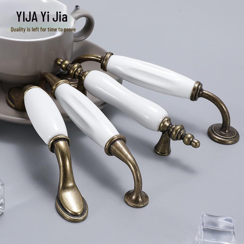 Antique Bronze & White Ceramic Cabinet Handle - European Style for Wardrobe, Drawer, Shoe Cabinet, Wine Cabinet, and Kitchen Doors.