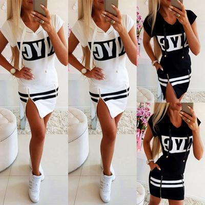 Women's Fashion Summer Spring Solid Color Print Short Sleeve Hooded High Waist Casual Dresses