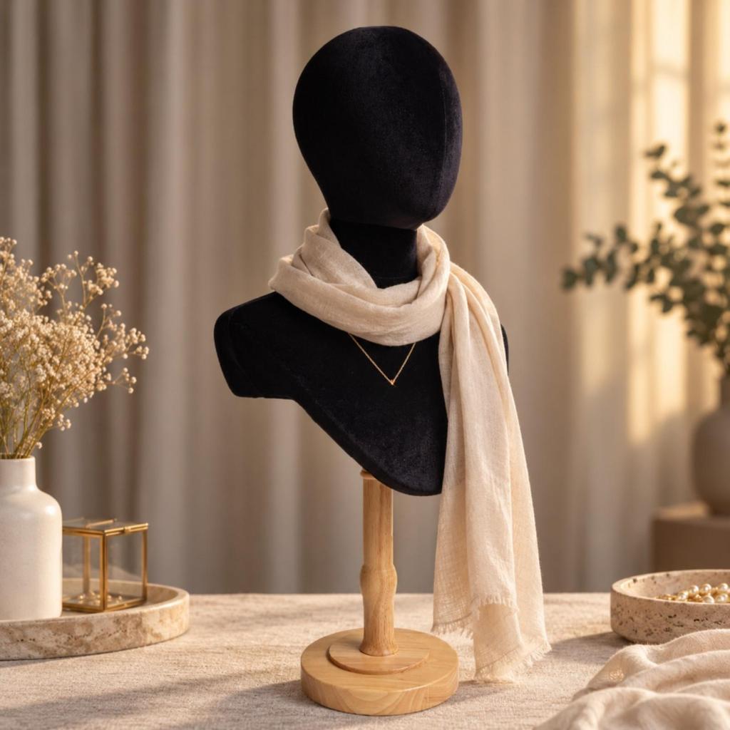 HeadandChest Display Mannequin materialCovered Head with Wooden Base Compact for Boutique