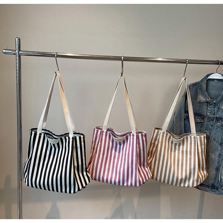 Retro Striped Canvas Tote: Fashionable Large-Capacity Single Shoulder Shopping Bag for Women