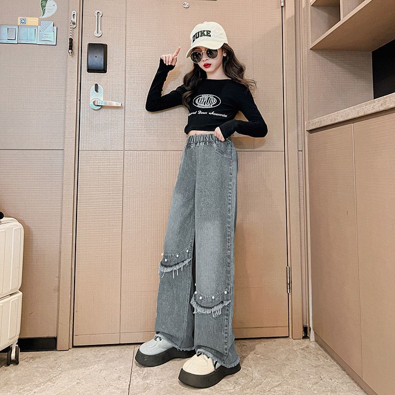 Girls' Wide Leg Pants for Spring and Autumn Wear Straight Leg Jeans Korean Children's Casual Autumn Pants