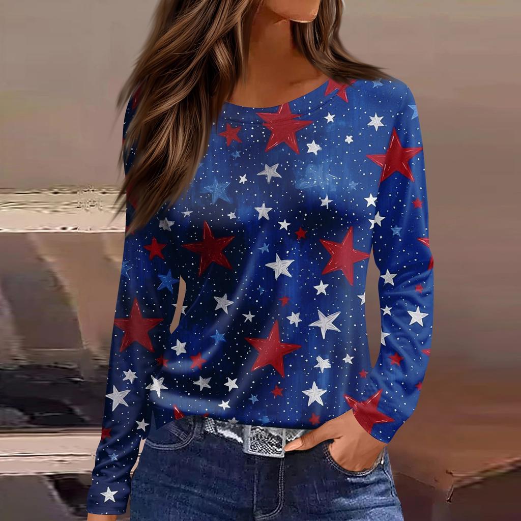 Long Sleeve Crew Neck Casual Top with Vintage Flag and Floral Print for Women Comfortable Fit Pullover Blouse Shirt