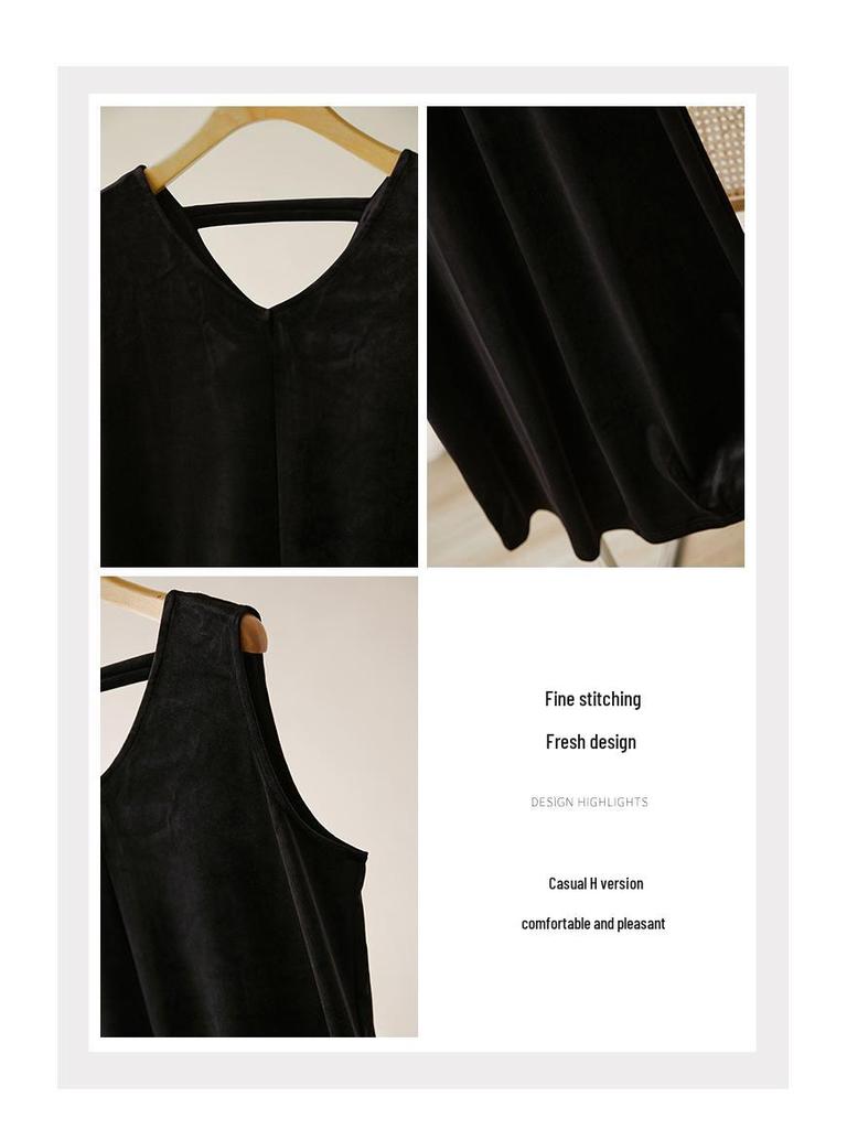 Damen Herbst Samtkleid Gold: Hepburn-Stil, Ärmellos, V-Ausschnitt, Spaghettiträger, Hochwertig, Lang