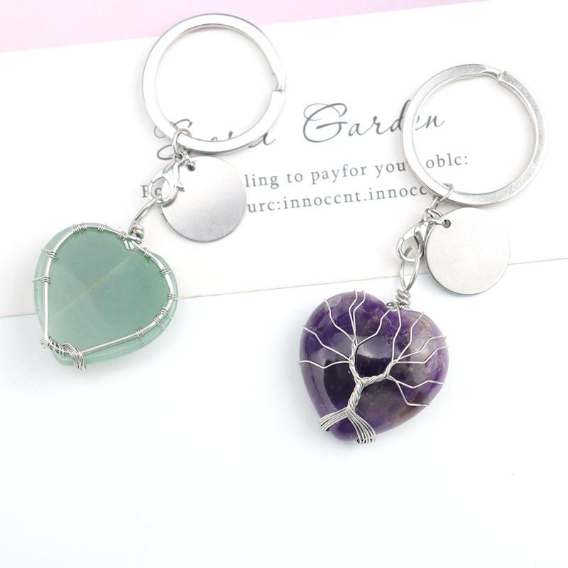 Natural Stone Crystal Peach Heart Heart Shape Tree Of Life Keychain Keychain Bag Pendant K24