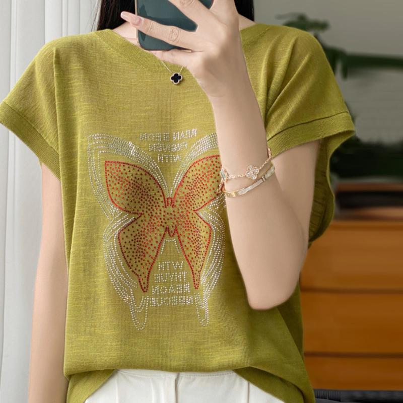 

Summer Bamboo Joints and Hemp Short-sleeved T-plate Loose Round Neck Thin Ironing Butterfly Sweater Top M