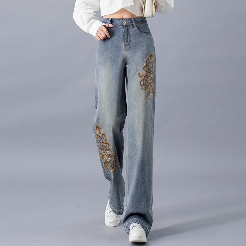 Narrow version wide-leg jeans women's summer new high-waisted loose national style embroidered straight tube drape pants