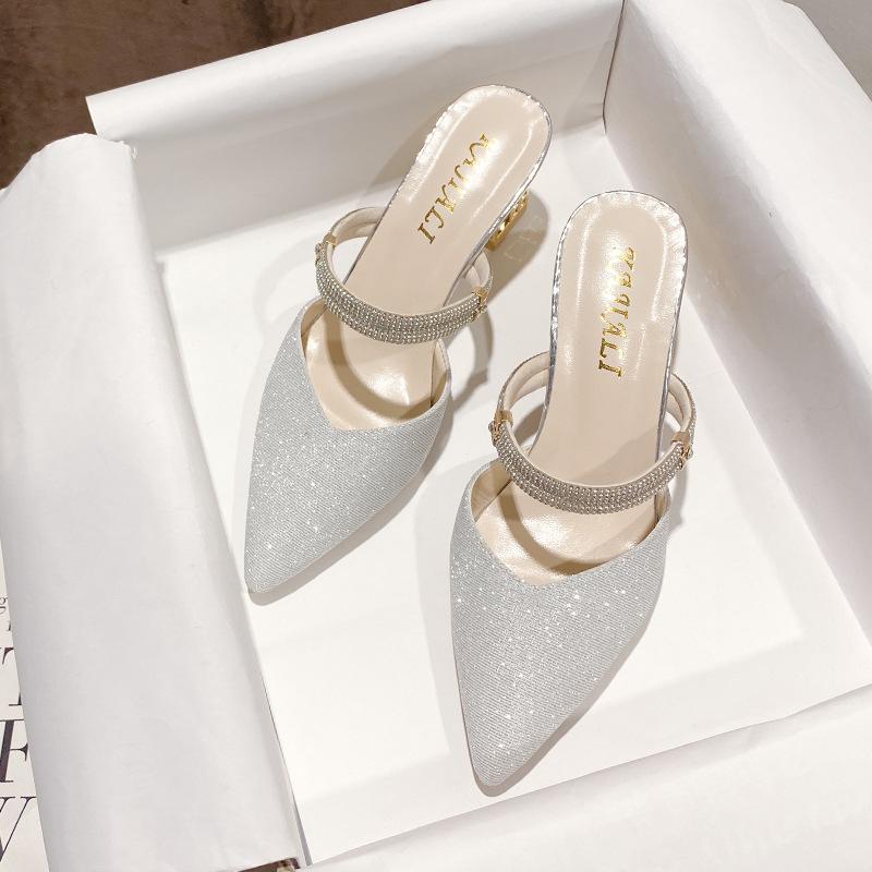 

Босоножки Baotou со стразами, женские, лето 2024, новые, толстые, острые, высокие каблуки, классные тапочки, носите две пары обуви 34 серебряный