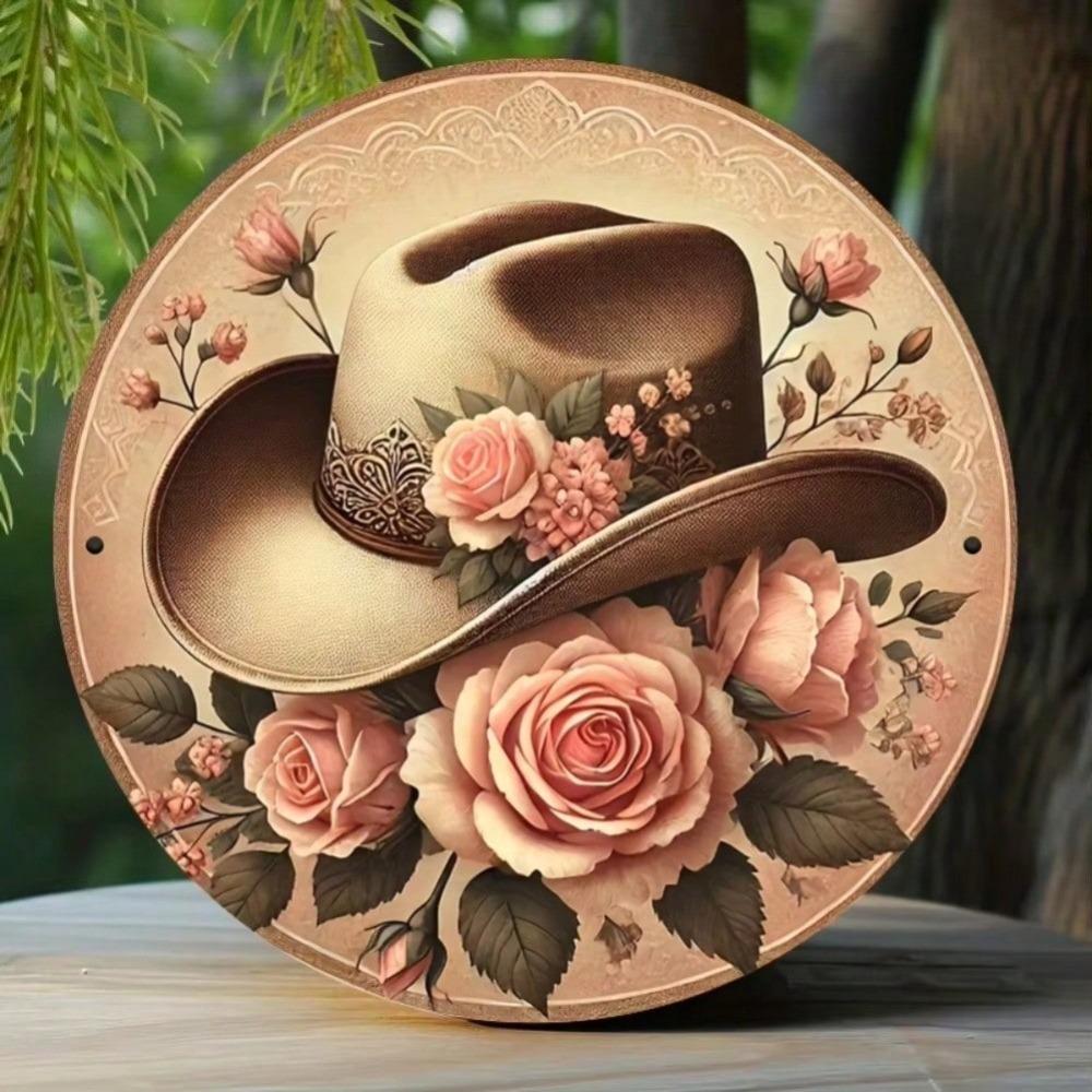 Vintage Metal Wall Decor with Pink Rose & Cowboy Hat, Weddings & Home Room Decor
