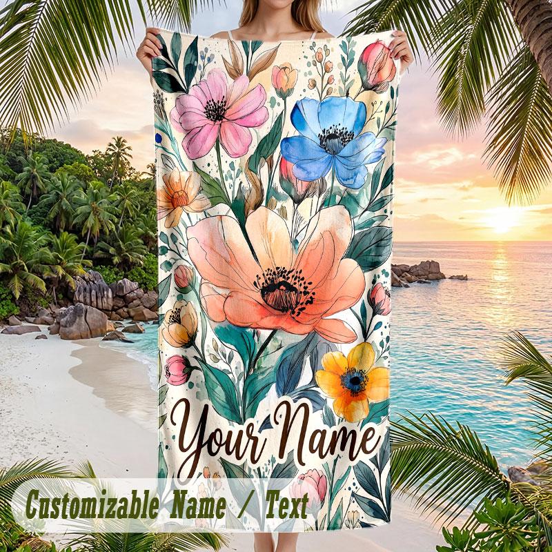 Floral Artwork 5 Theme Quick Dry Beach Towel Custom Name Text Print Large Sand Resistant Towel Beach Vacation