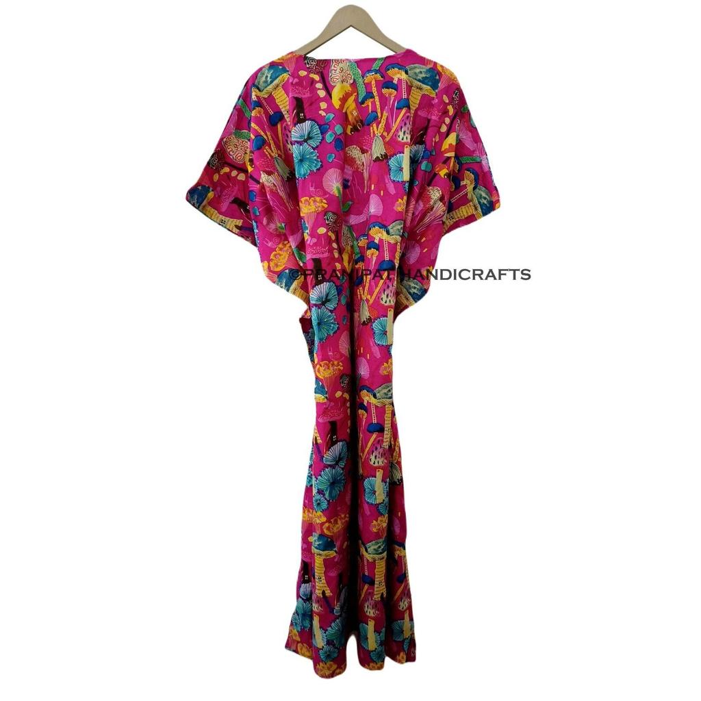 Women Cotton Mashroom Print Sleepwear Pink Boho Beach Cover Summer Caftan Dress CKFTN-SCRN-FULL-BUYIT-193