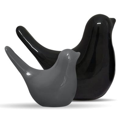 Creative Black and Grey Glossy Ceramic Birds Figurines Home Decorations Accessories Party (Pack of 2, Black and Grey)