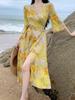 Plus Size Summer Chiffon Yellow Maxi Dress - Loose, Belly-Concealing Casual Beachwear