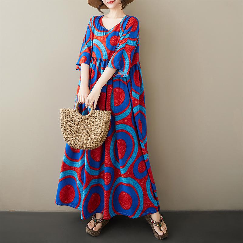 

DIMANAF Plus Size New 2025 Women Summer Dress Basic Casual Long Fashion Loose Vintage Beach Dress One Size синий