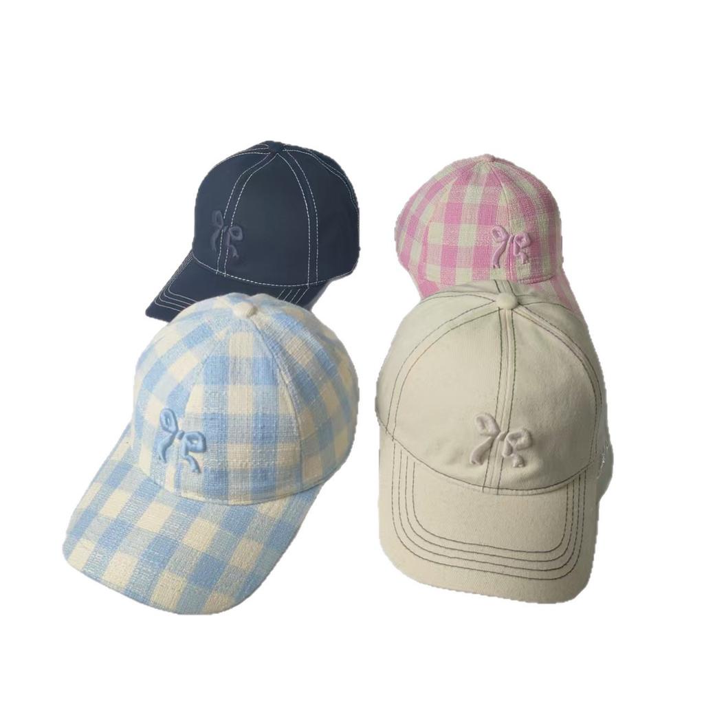 Plaid curved brim cap children's three-dimensional embroidery bow bright line design soft top big head sunshade baseball cap women