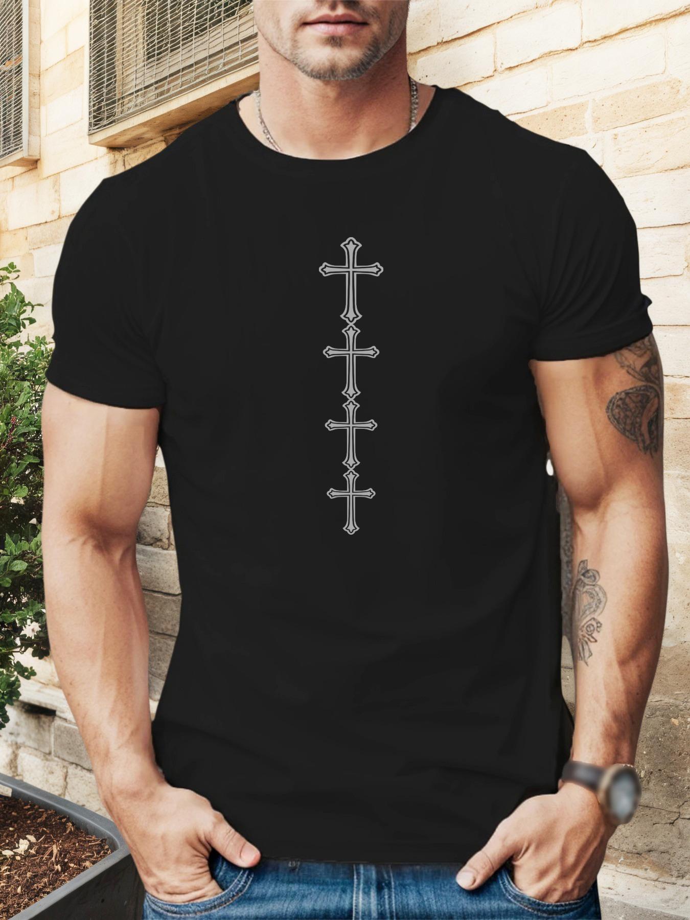 Classic Summer Casual Short Sleeve T-shirt - White with Vertical Cross Pattern M