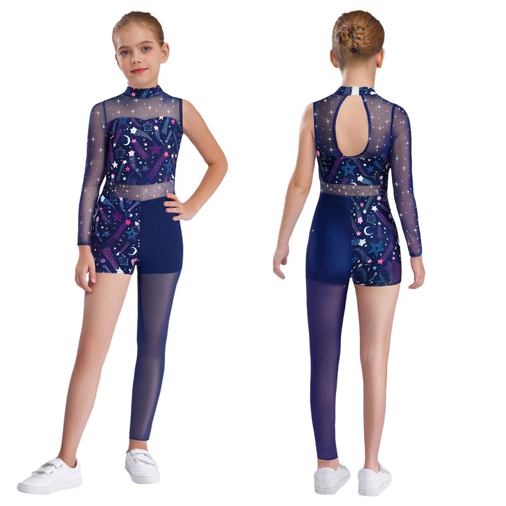 Girls Stage Performance Bodysuit: Choose Star, Leopard or Snakeskin Print with Shiny Rhinestones & Sheer Mesh Panels
