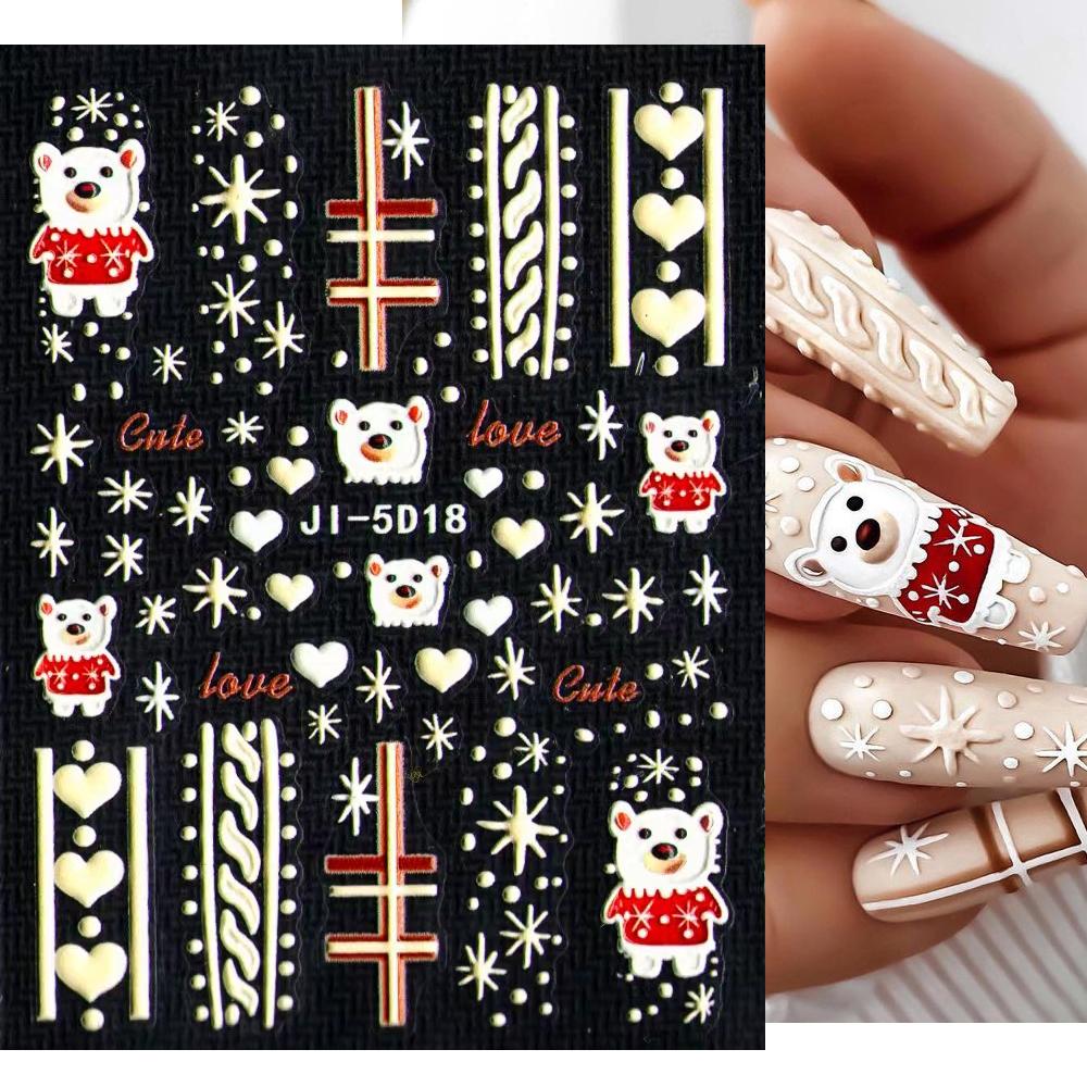 5D Embossed Christmas Nail Art Stickers New Year Red Santa Claus Tree Penguins Snowman Winter Sliders Girl Manicure Decals NK-1*