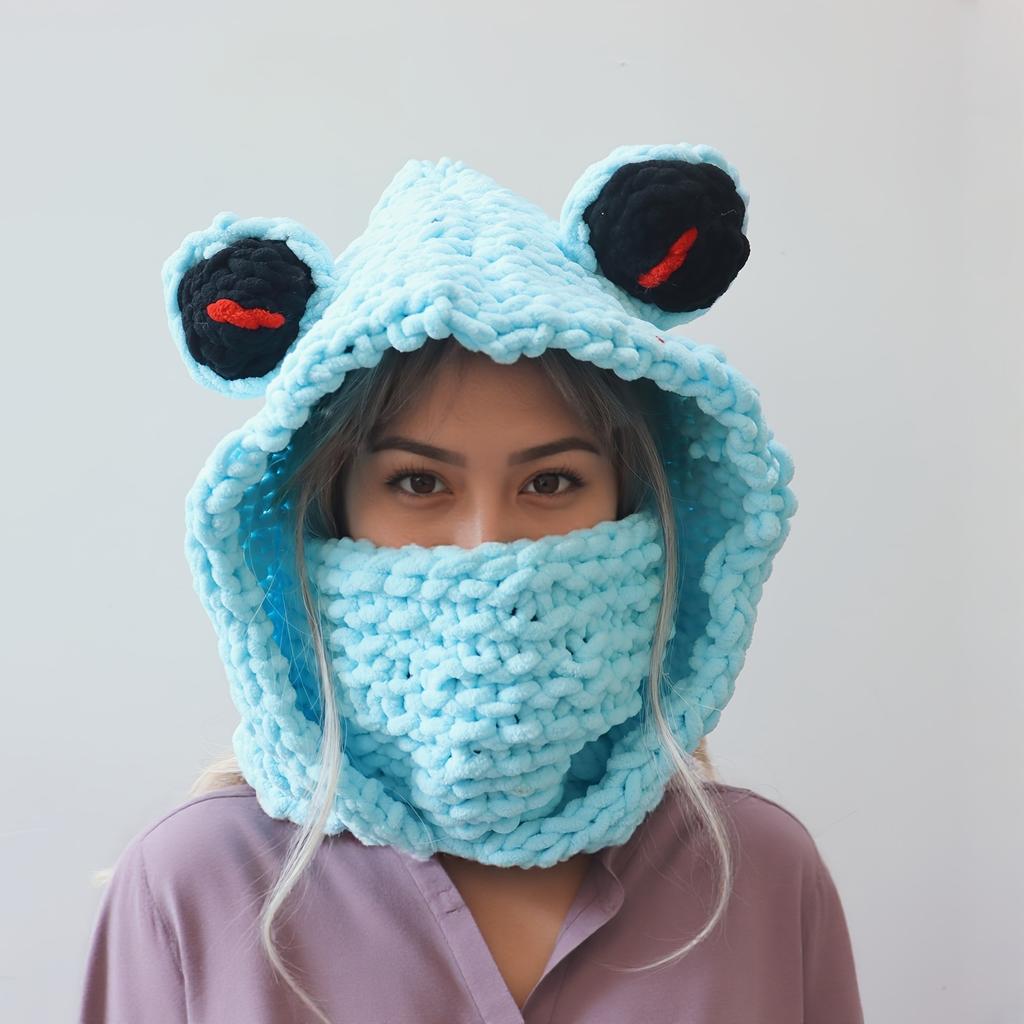 Thick Yarn Full-Face Coverage Hooded Mask with Moisture-Wicking Suitable for Halloween Cosplay, Stretchable Frog-Themed Neck Warmer & Warm Hat for And