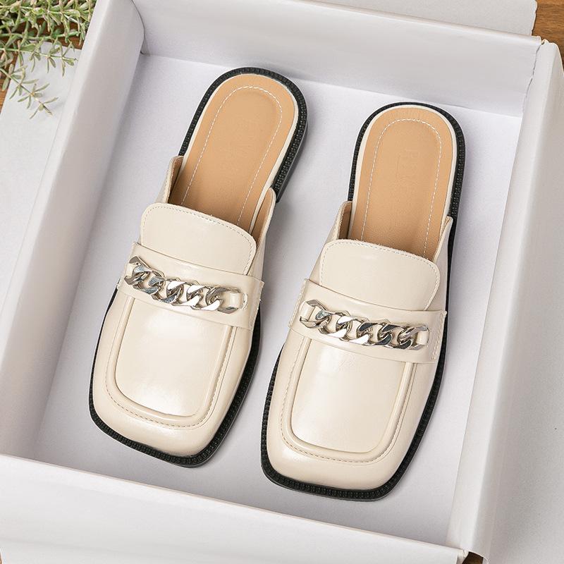 Fashion Wide Fit Square Toe Mules Women Brand Chain Pantuflas Causal Slip On Shoes Ladies Flat Sandals Barefoot Slides Antiskid Slippers