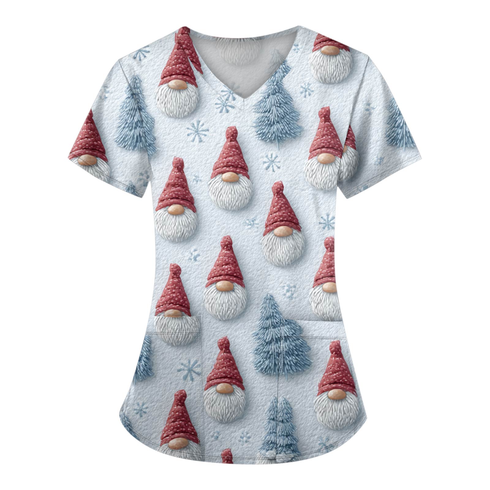 

Женские топы с короткими рукавами и v-образным вырезом с рождественским принтом, рабочая блузка с карманами XL небесно-голубой