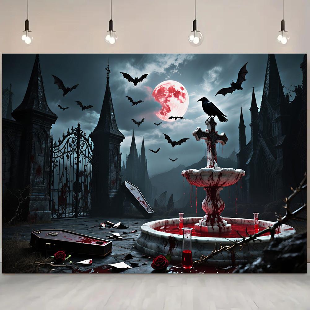 Red Full Moon,Crows,Castle,Bat Elements-Halloween Backdrop Tapestry for Party,Photography Booth,Festive Decor,Wall Decor
