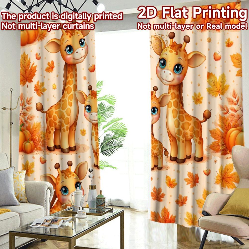 2D FLAT PRINTING 2pcs Curtains (Without Rod) Autumn Giraffes and Pumpkins Popular Fashionable Curtains Versatile 100% Polyester