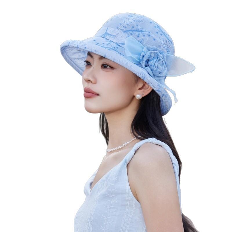 Sun Hat Lady Summer Fashion Embroidery Show Face Small and Light Sun Protection Bucket Hat Mother Beach Organza Hat