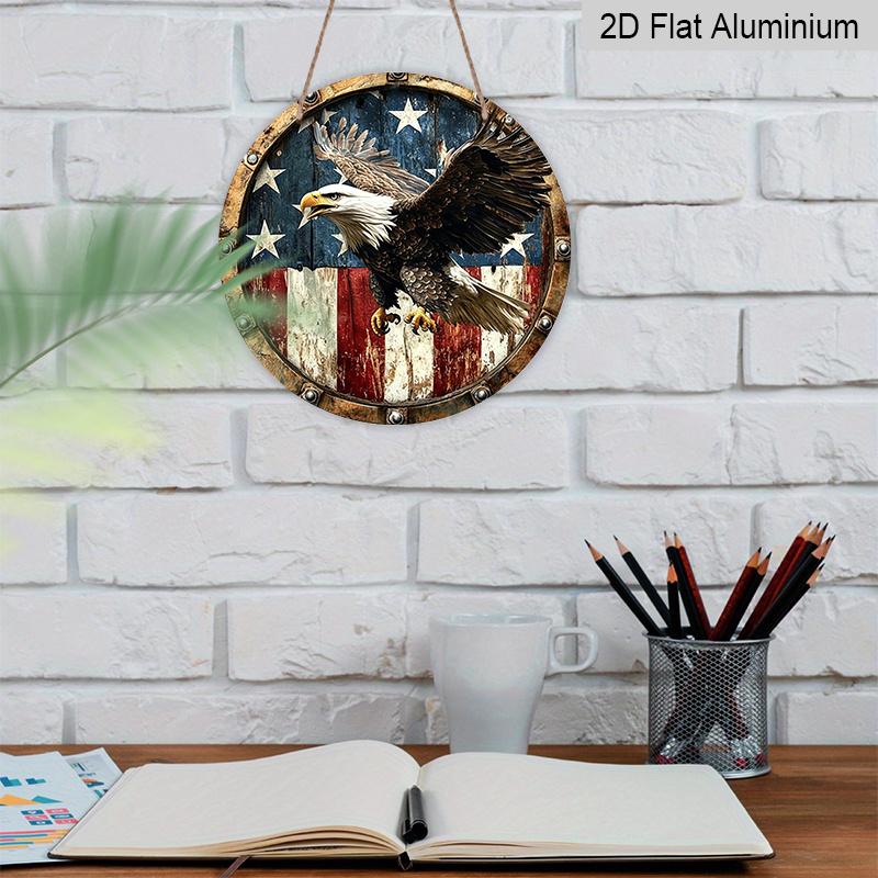 2D Flat, 1pc Vintage American Flag Eagle Metal Wall Art - Round Decor with Distressed Finish, Aluminum Frameless Design for Living Room, Patio, Home