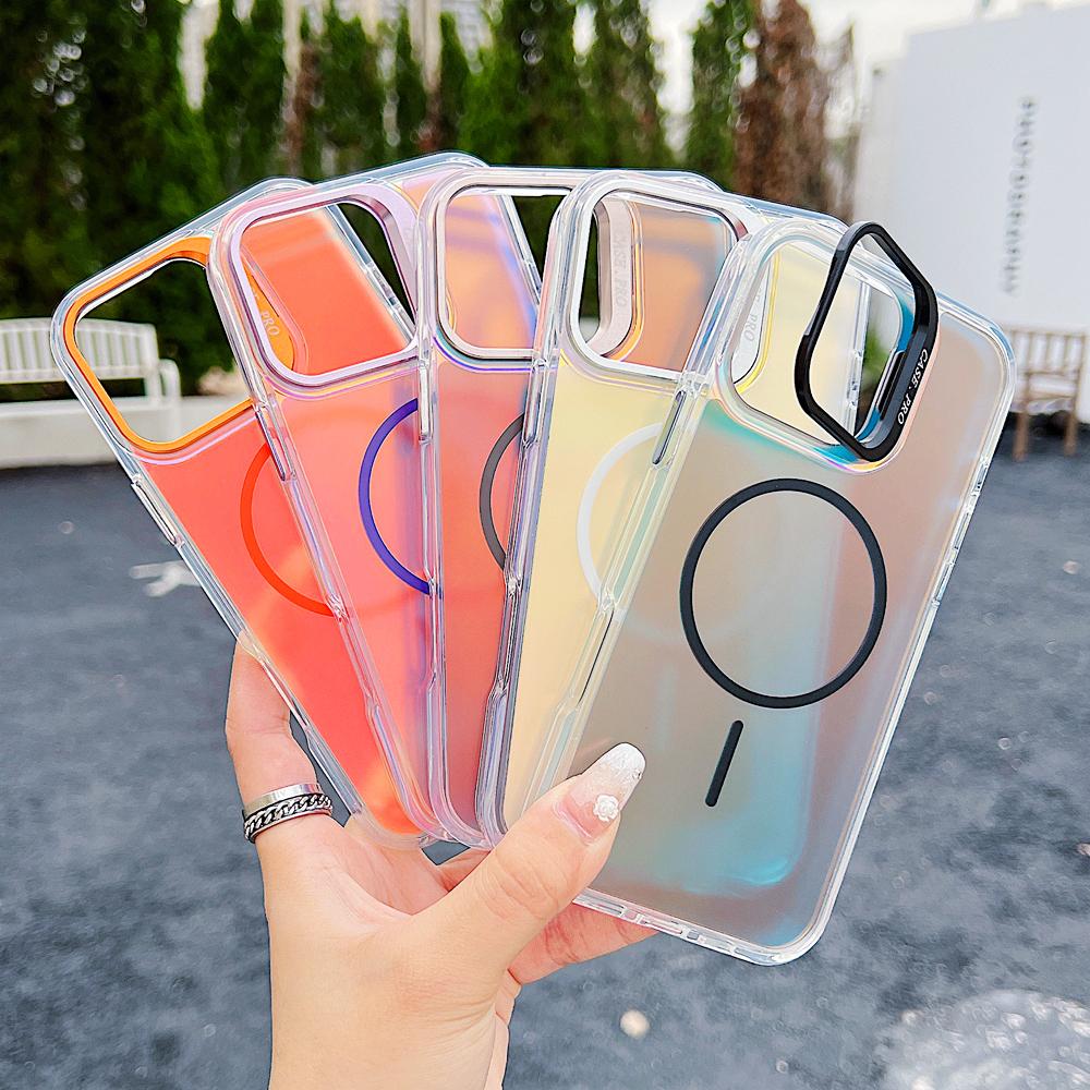 KEYSION Colorful Gradient Magnetic Lens Stand Case for iPhone 11 12 13 Pro Max for MagSafe TPU+PC Shockproof Back Cover