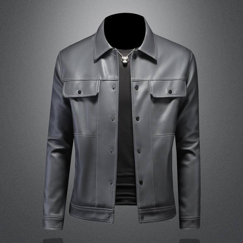 And New Style Mens Reversible Collar Motorcycle Leather Jacket Outerwear Fashionable Slim Fit Versatile Leather Coat Style 8118