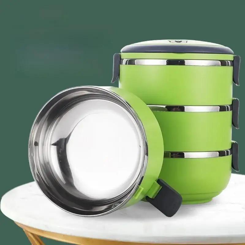 Stainless Steel Multi-layer Insulated Lunch Box Circular Sealed Lunch Box Student Office Workers Portable Handheld Bento Boxs