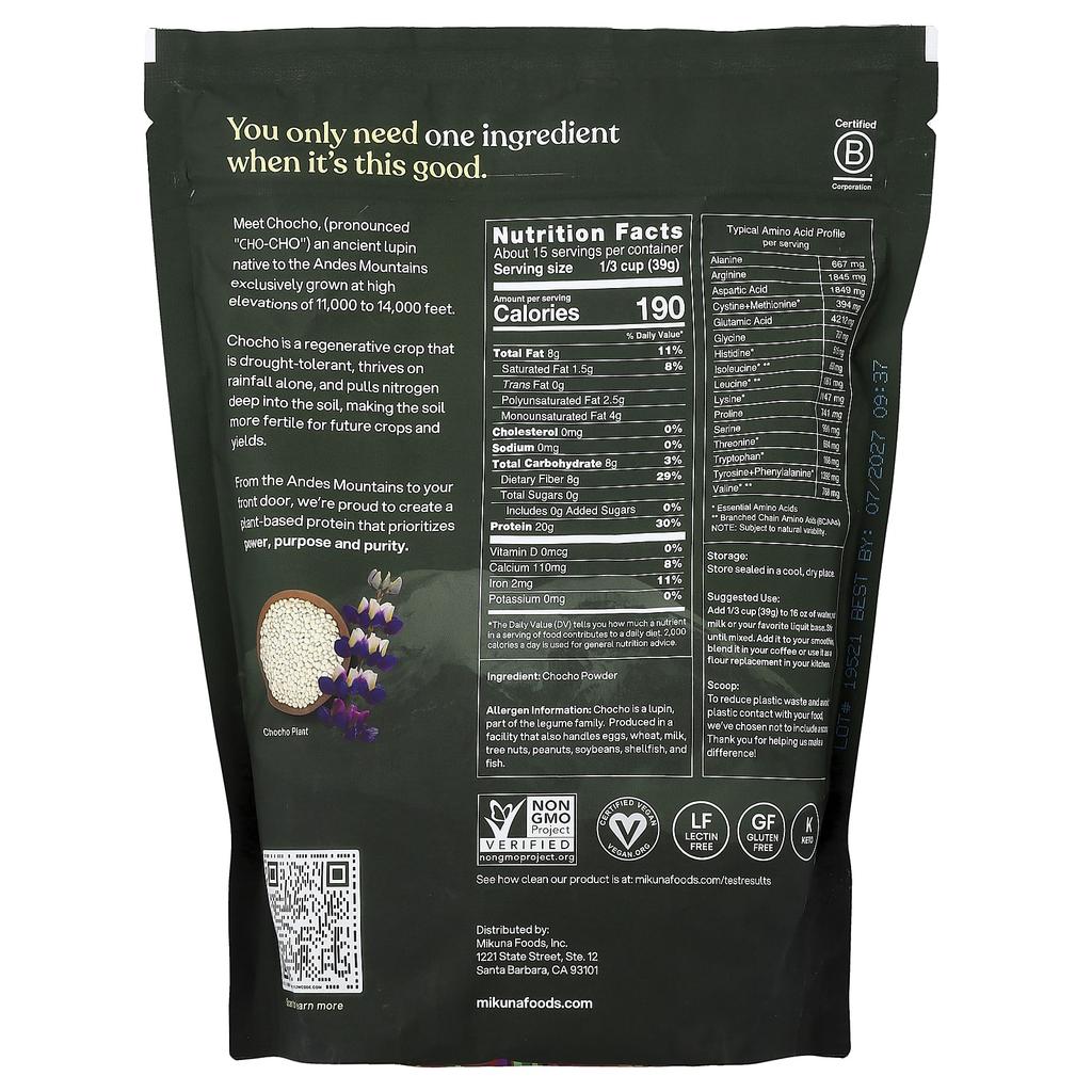 MIKUNA, Chocho Plant-Based Protein Powder, Pure Chocho, 1.29 lbs. (585g)