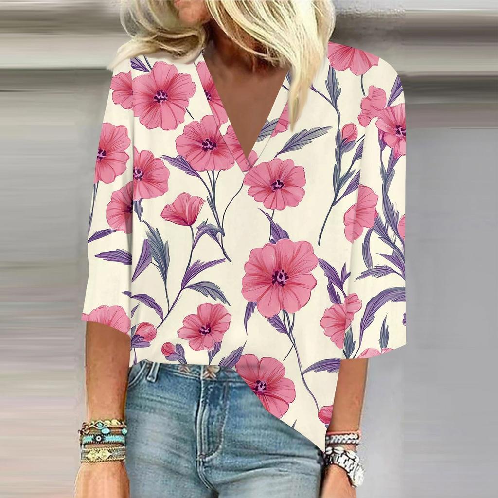 Women's Shirt Blouse Casual Loose Shirts 3/4 Sleeve Print V Neck Tops Print Tops T-shirts Tee