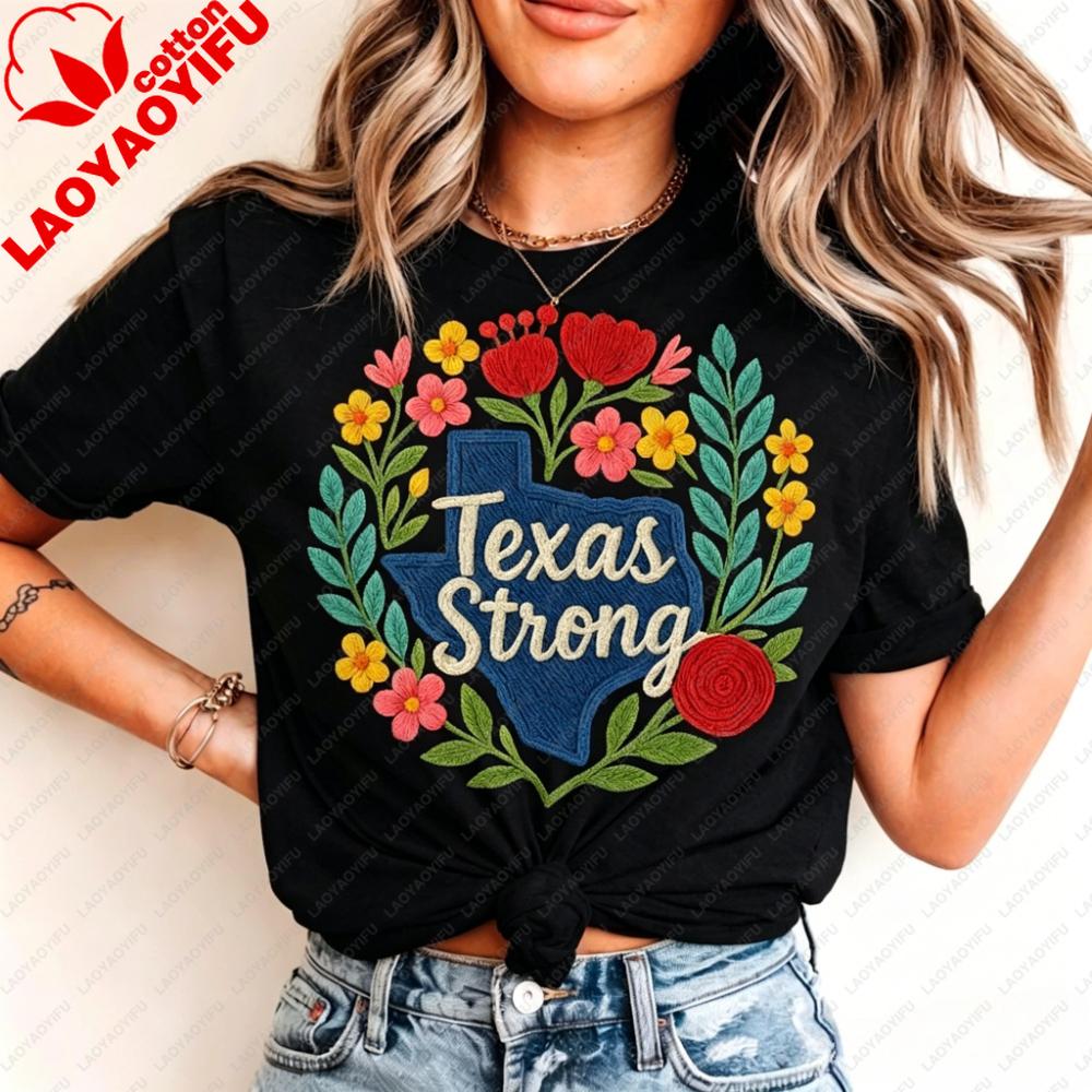 Girly Texas Strong Faux Embroidered Printed Shirt Preppy Floral State Of Texas Tshirt Unisex Fashion Casual Daily Life Cotton Top S