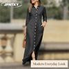JPNTKY Women's Fashion Summer Spring Solid Color Print POLO Neck Long Sleeve Casual Dresses