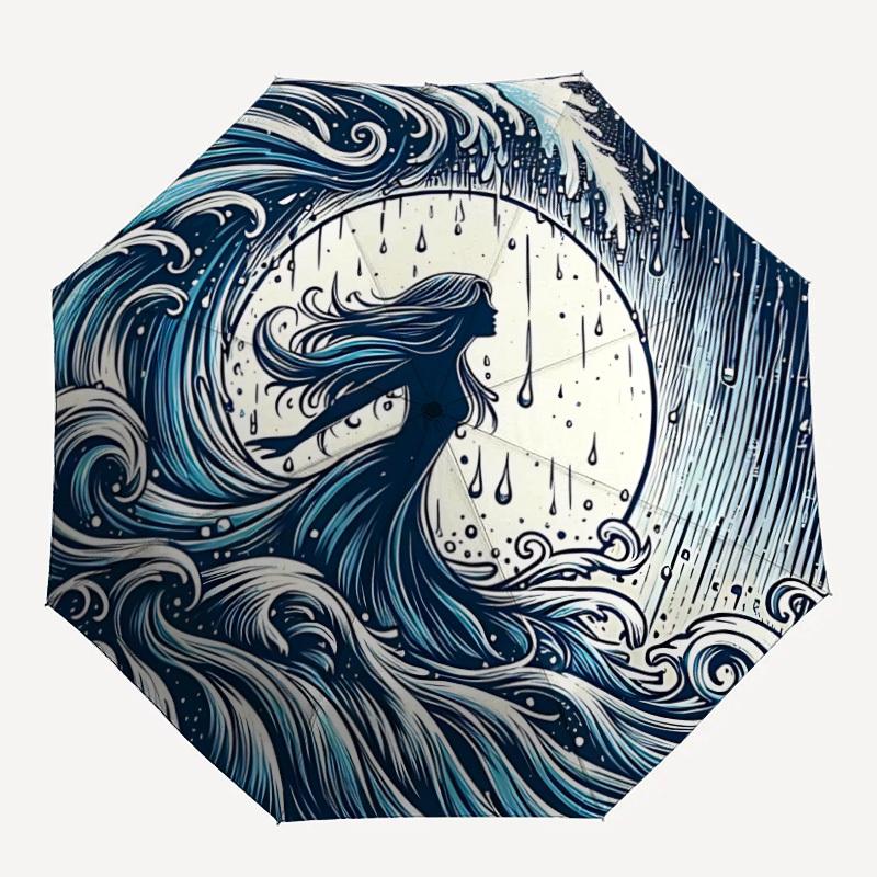 1pc Ocean Waves Auto Open/Close Umbrella, Portable Folding Umbrella for Travel, Themed Events, It is suitable as a gift for various festivals, Outdoor