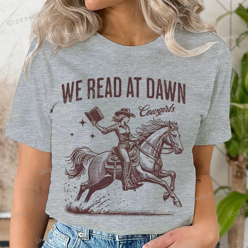 

We Read At Dawn Cowgirl Tshirt Vintage Country Bookish Tops Gift for Book Lover Tee Bookish Cowgirl Retro Funny Reading Tshirt S