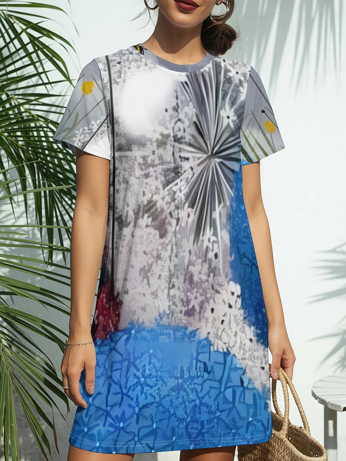 

New Women S Round Neck Short Sleeve T-Shirt Dress with Balloon Sky Art. Featuring American Trendy Digital Prints. Perfect for Casual Spring And Summer 2XL дубильная кора