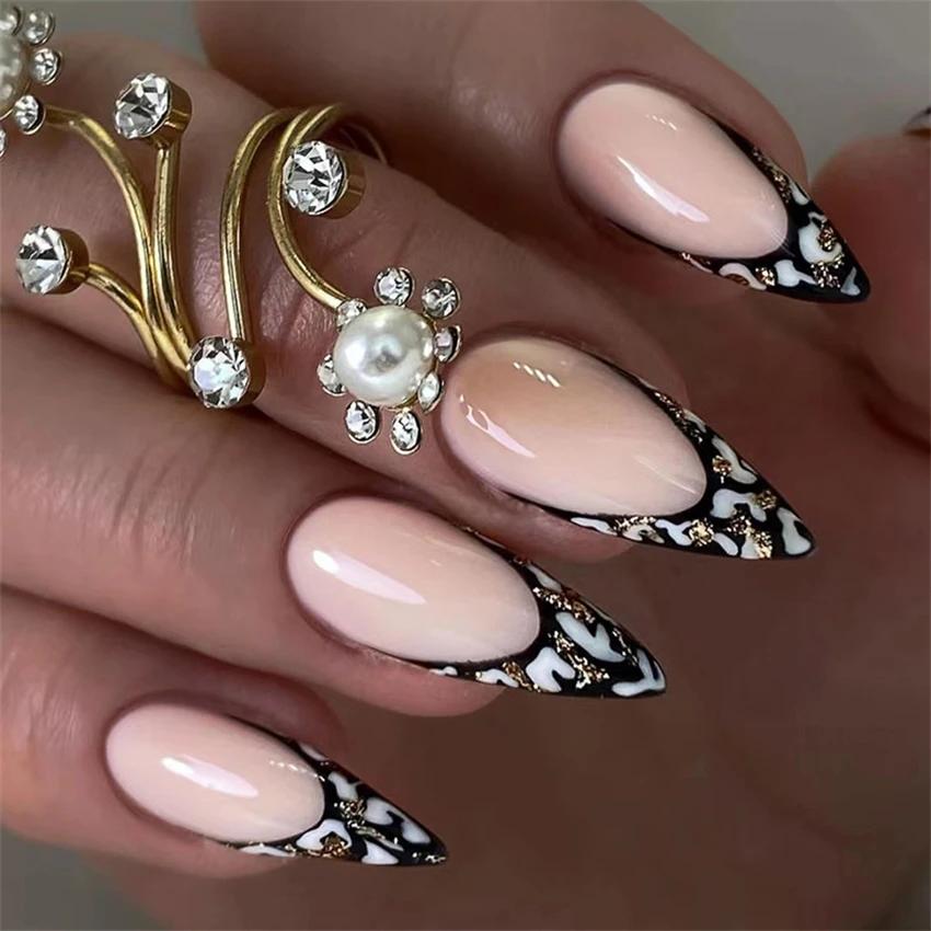 24Pcs French Long Ballet Square Fake Nails Removable Full Cover Press On Nails Acrylic False Nail Tips