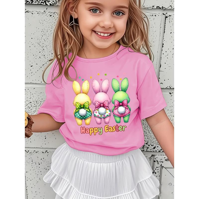 European sizes Girls' Easter Bunny & "Happy Easter" Print Short Sleeve Tee - Summer Casual Round Neck Top Suitable for Easter Egg Hunts,