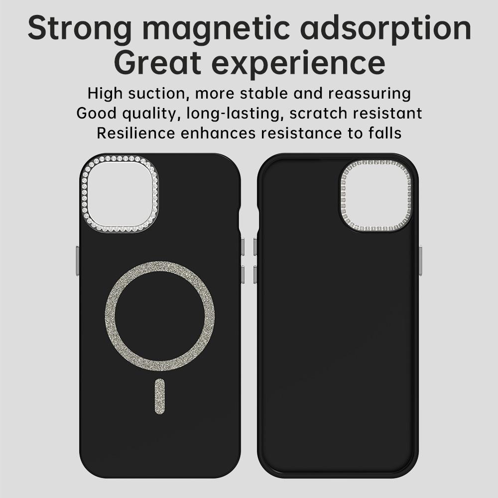 For iPhone 15 Plus/14 Plus Case Compatible with MagSafe TPU+PET Phone Cover with Rhinestone Decor Lens Frame