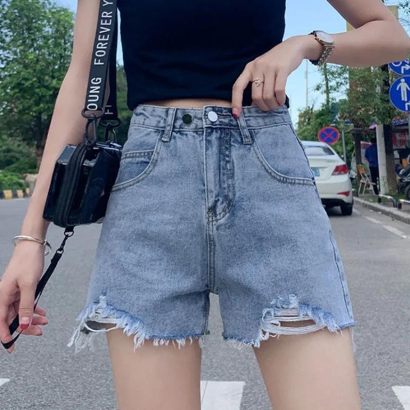 Ripped denim shorts summer new straight loose high and thin high waist wide leg jeans women