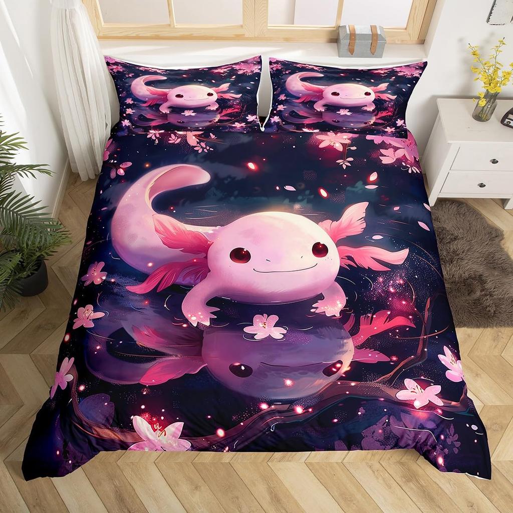 Cartoon Axolotl Duvet Cover Queen Twin Size Salamander Bedding Set for Kids Boys Girls Kawaii Sealife Creature Comforter Cover