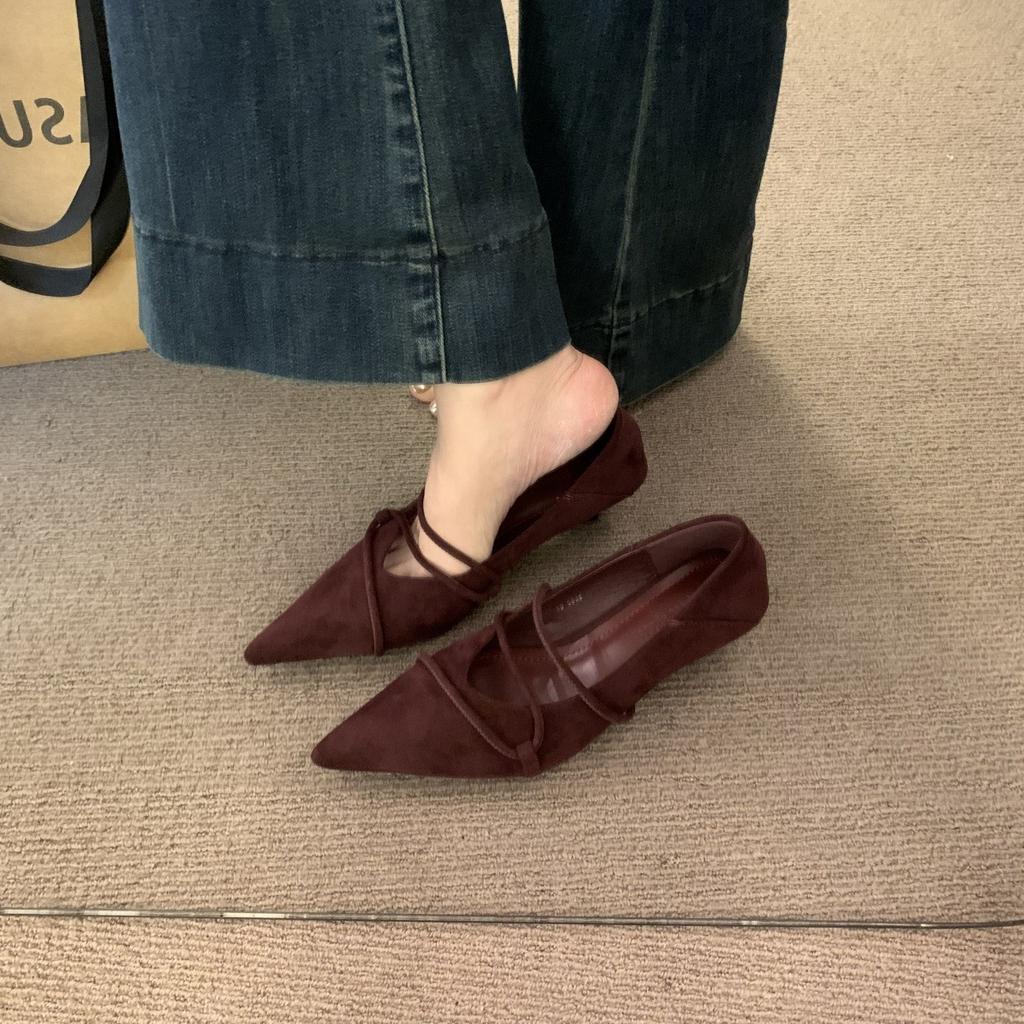 French Suede Pointed Cat Heel Light Mouth Single Shoes Women's Black Commuter Work Shoes Four Seasons Low Heel Mary Jane Shoes