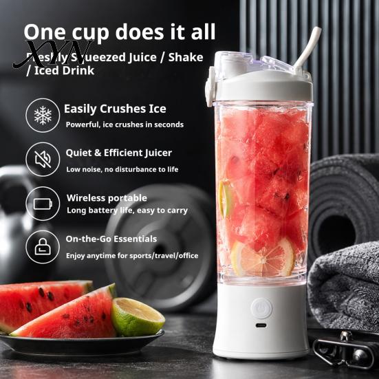 Personal Size Juicer Cup for Travel Portable Blender Cup, USB Fast Charging Juicer, 600ml Capacity, Powerful Stainless Steel Blade Mixer Ice