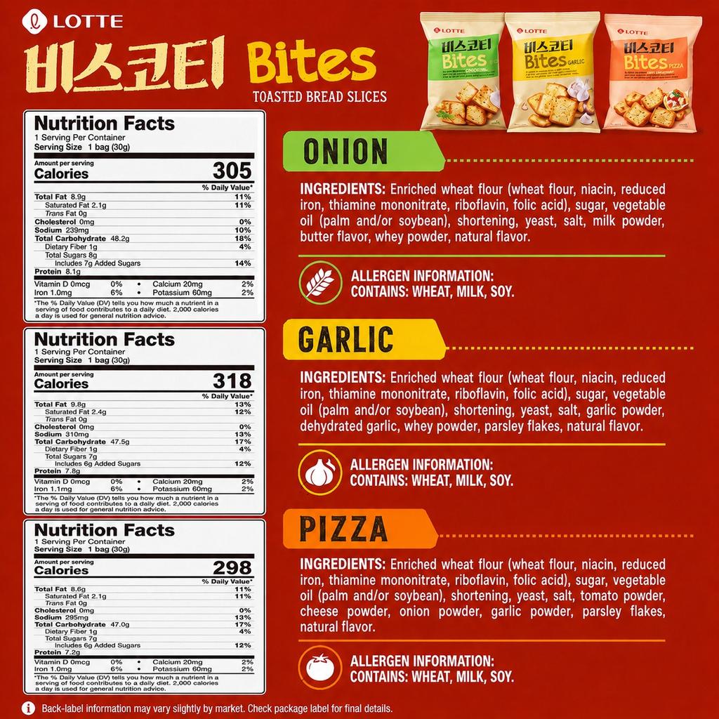 Lotte Toasted Bread Slices Casual Snacks, 70g Per Bag, 3 Flavors Available