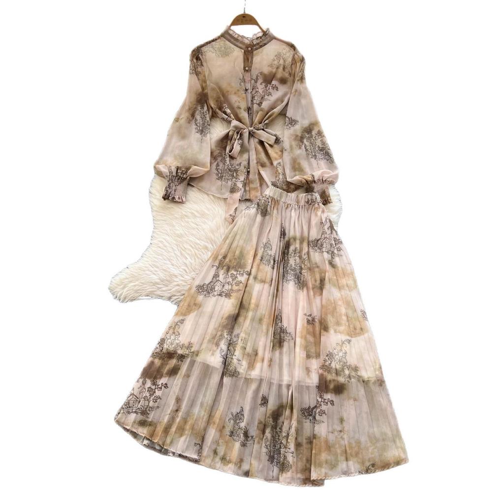 Women's French Style Tie-Waist Lantern Sleeve Chiffon Top & High-Waist Skirt Set